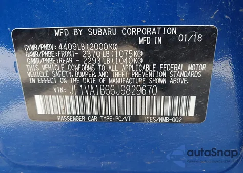 2018 Subaru Wrx Premium z USA, uszkodzony, nr VIN JF1VA1B66J9829670